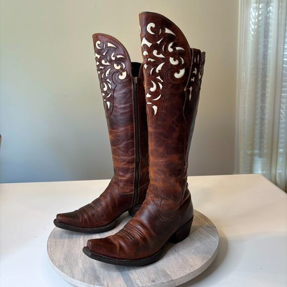 Ariat Hacienda Women's Brown Knee High Leather Inlay Snip Toe Boots Size 7 B 7B - Picture 2 of 13
